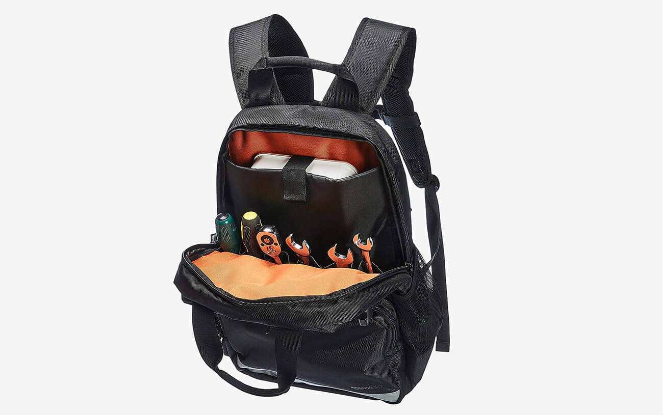 Open AmazonBasics Tool Backpack with tools