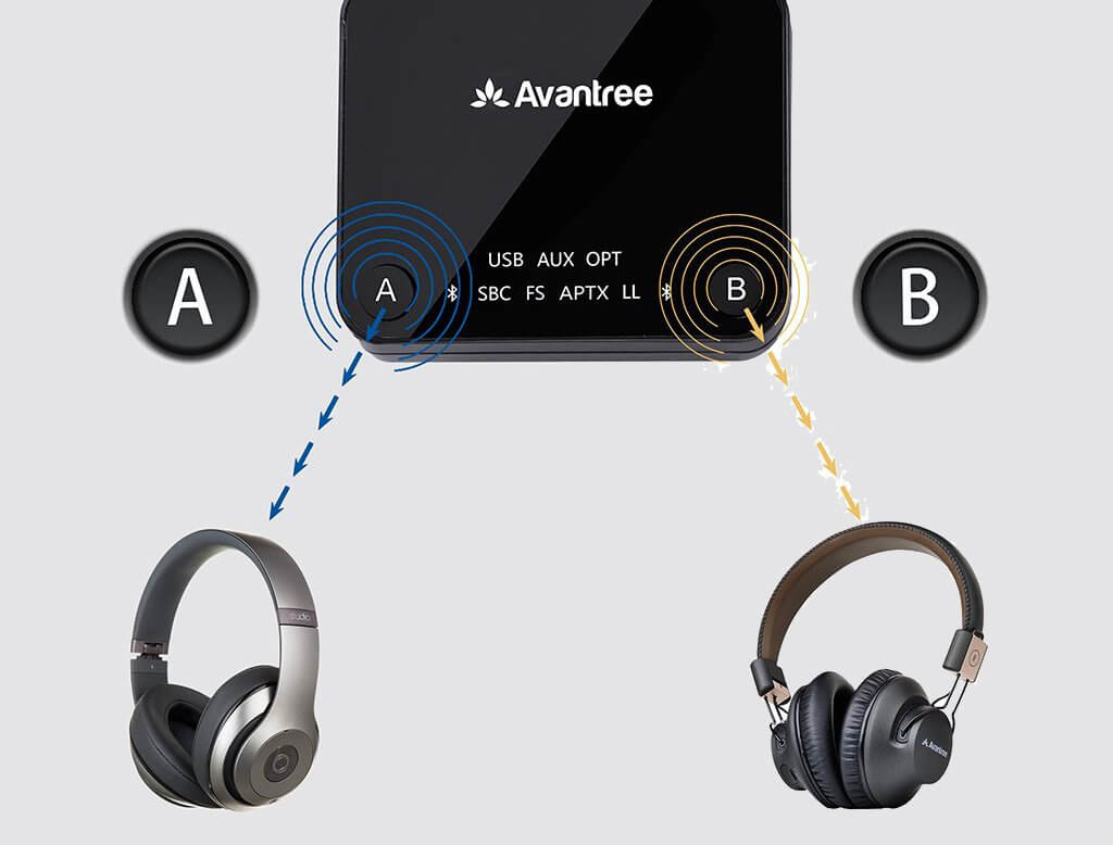 Avantree Audikast Plus and two headphones