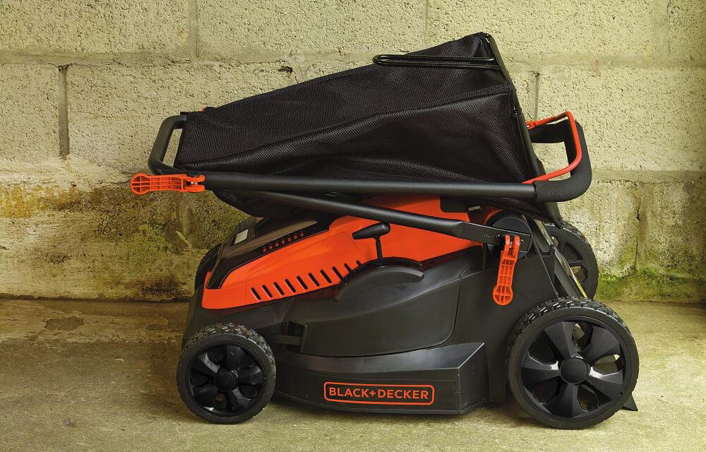 Black+Decker 16-Inch 40-Volt Cordless Lawn Mower ready for storage
