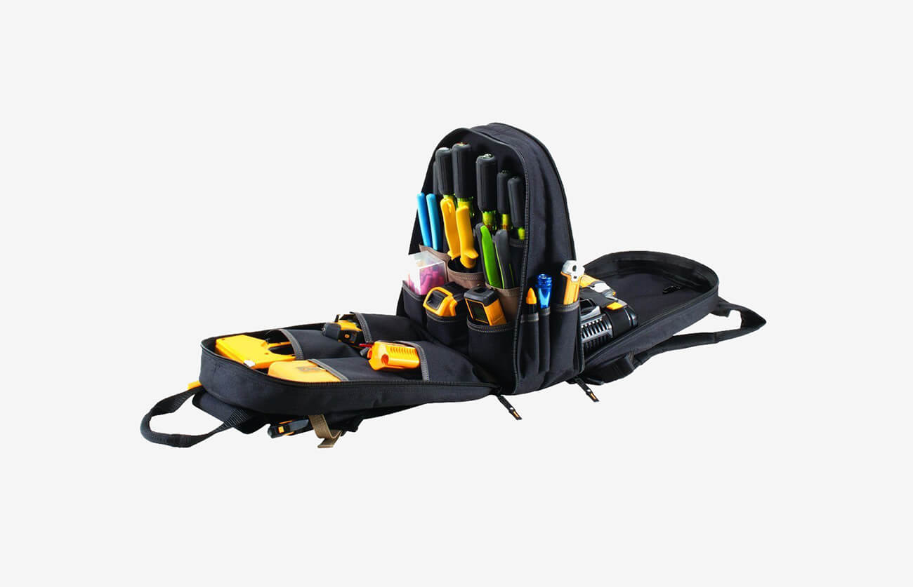 Carpenter’s Tool Backpack with both pockets open