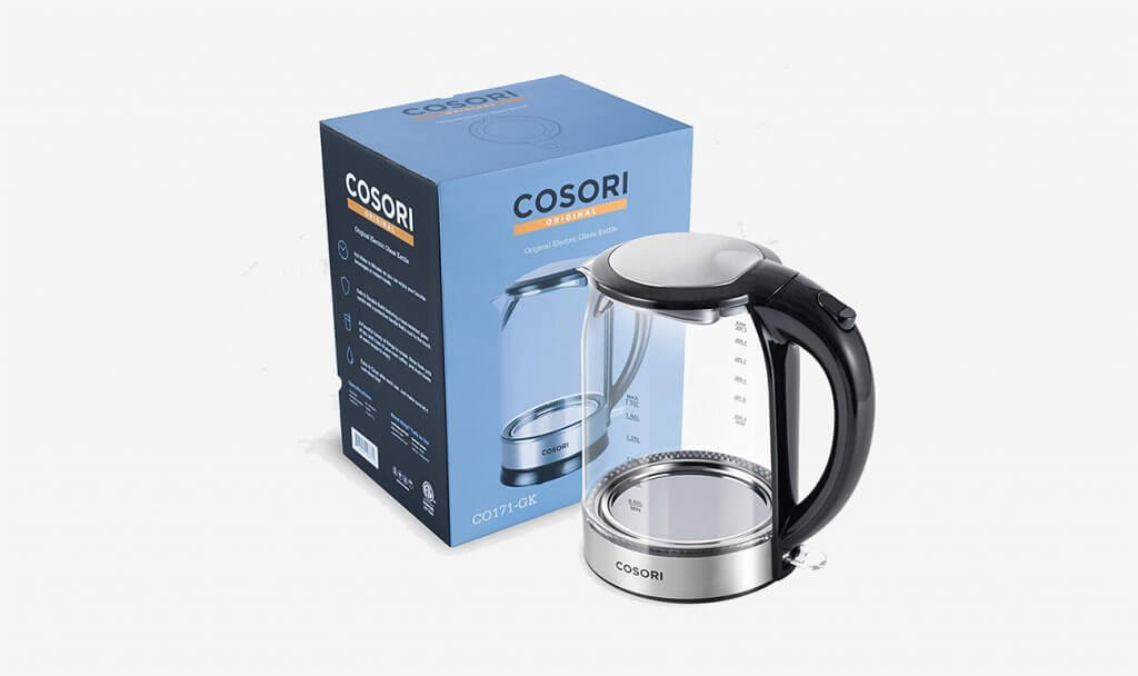 Cosori Glass Electric Kettle and packaging