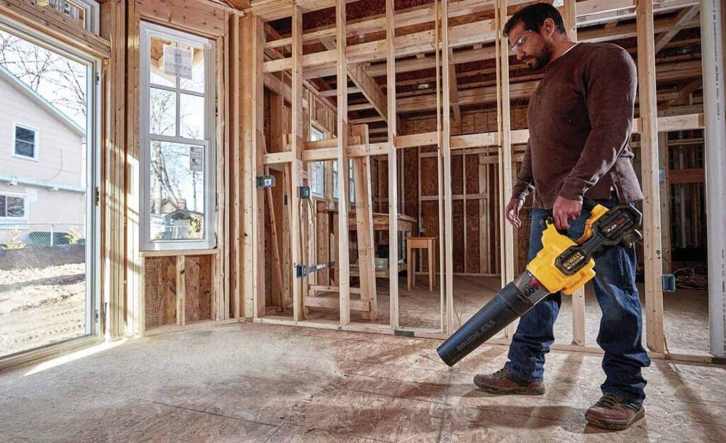 DEWALT DCBL772X1 Blower indoors on construction site