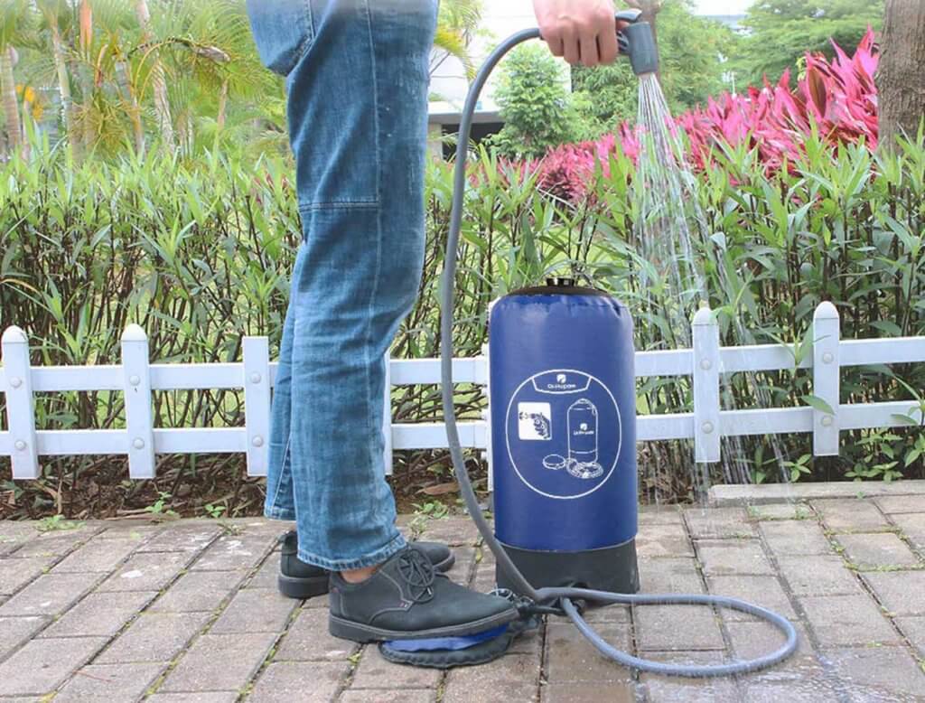 Dr. Prepare Solar Camping Shower in the garden