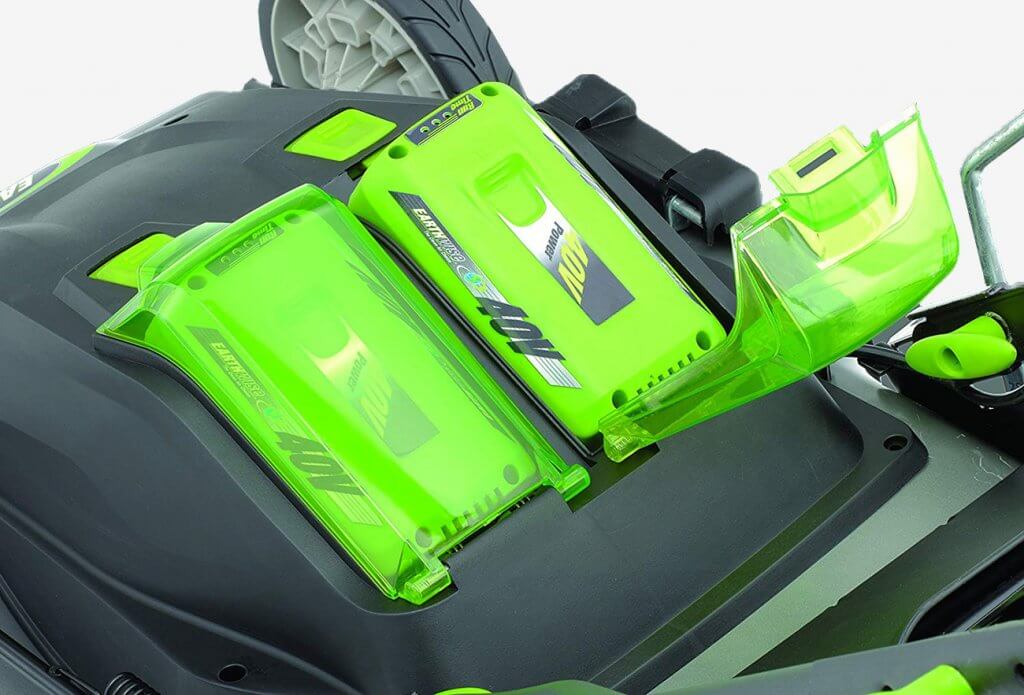 Earthwise 20-Inch Cordless Lawn Mower battery compartment open