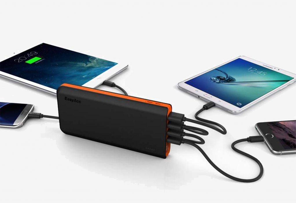 EasyAcc 20,000 mAh Portable Charger charging 4 devices at once