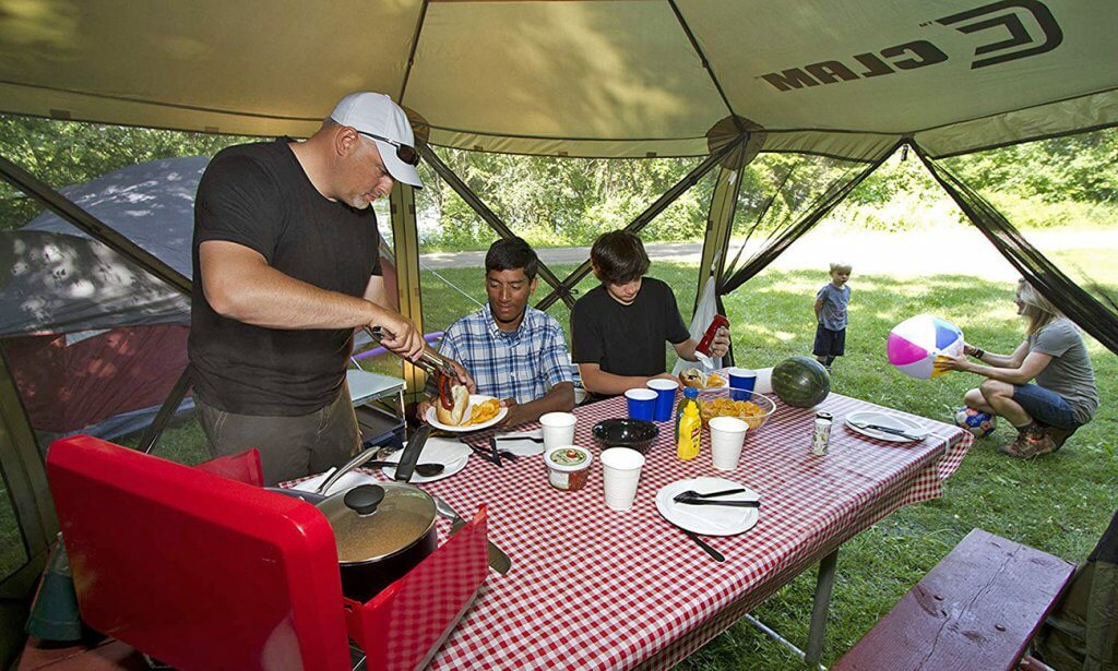 Eating inside the Quick Set Escape Shelter Pop-up Canopy