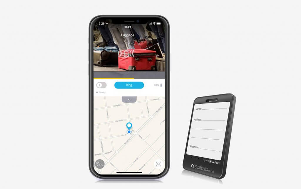 GLCON Swiftfinder Luggage Tracker and smartphone
