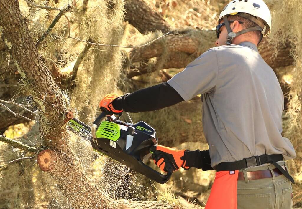 Greenworks Pro 18-Inch Cordless Electric Chainsaw in action