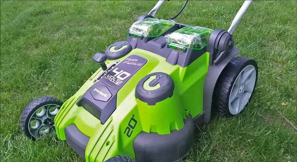 Greenworks Twin Force Cordless Lawn Mower on the lawn
