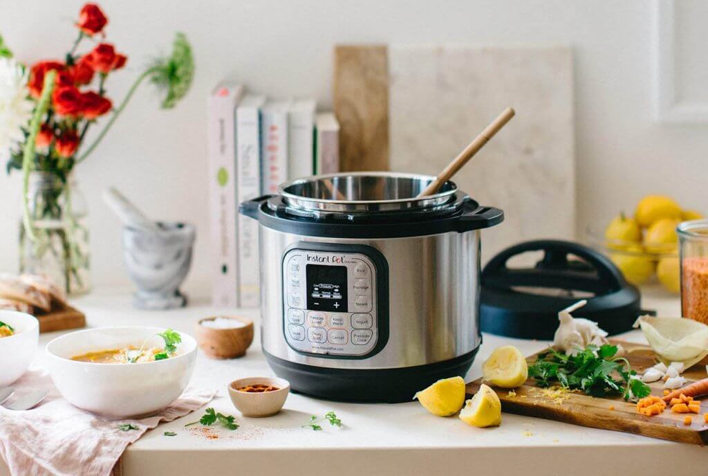 Instant Pot Duo Mini 3 in the kitchen with food