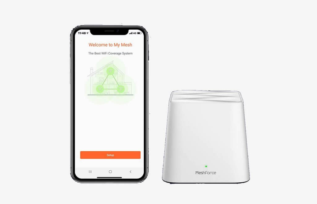 Meshforce M1 Whole Home Mesh Wi-Fi System and smartphone