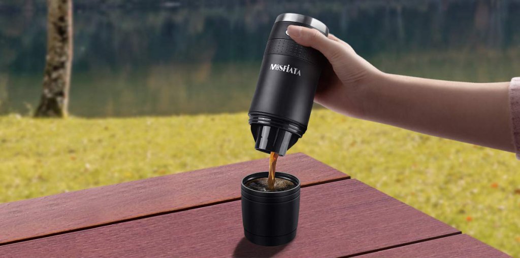 MOSFiATA Portable Coffee Maker in the outdoors on a camping trip