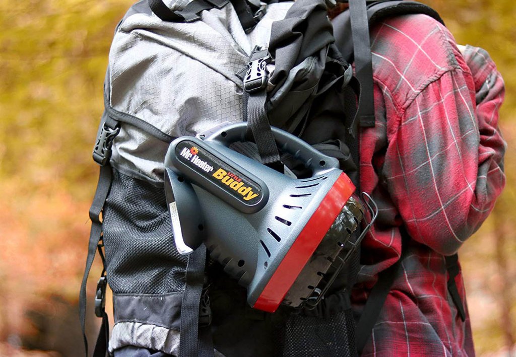 Mr. Heater F215100 MH4B Little Buddy Propane Heater on a backpack