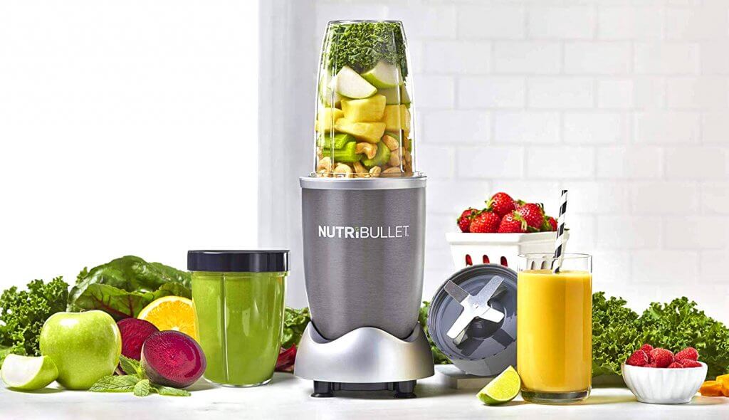 NutriBullet 12-Piece and lots of fruits in the kitchen