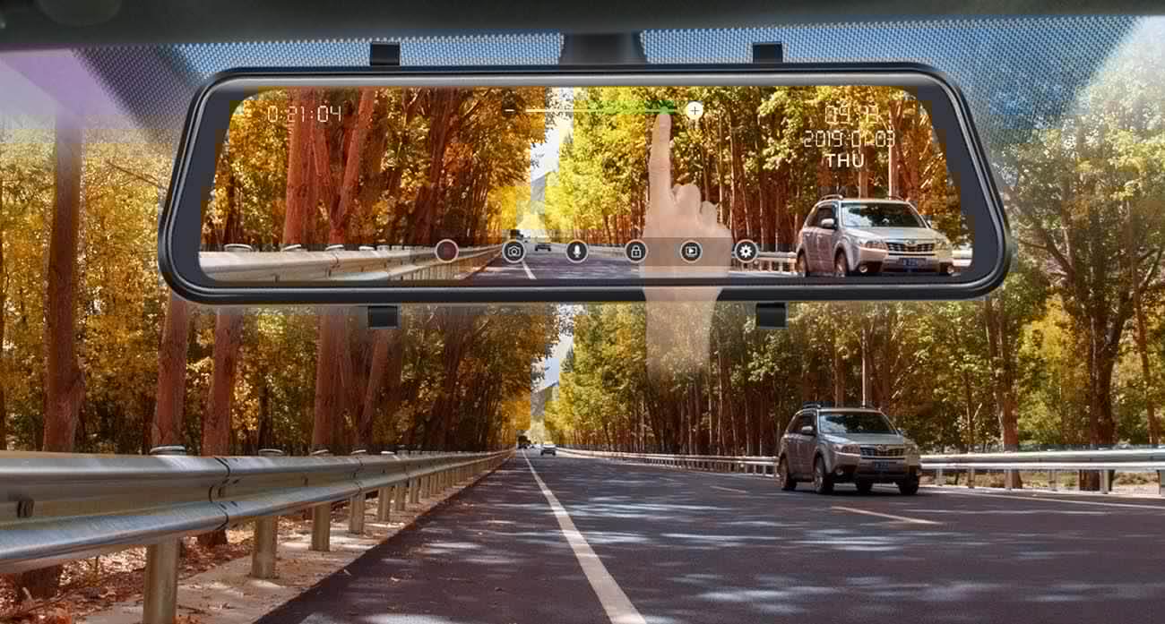 POAEAON Full Touch Screen Mirror Dual Dash Cam in the car