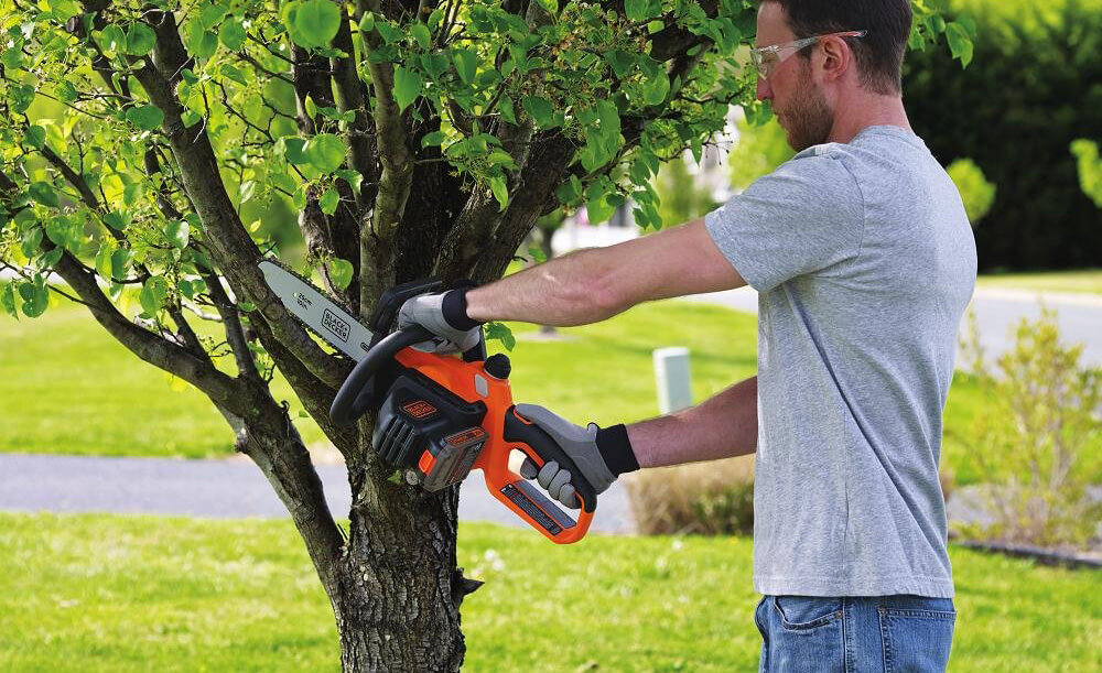 Someone cuts down a tree with the BLACK+DECKER LCS1020