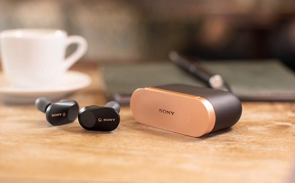 Sony WF-1000XM3 Wireless Earbuds on table