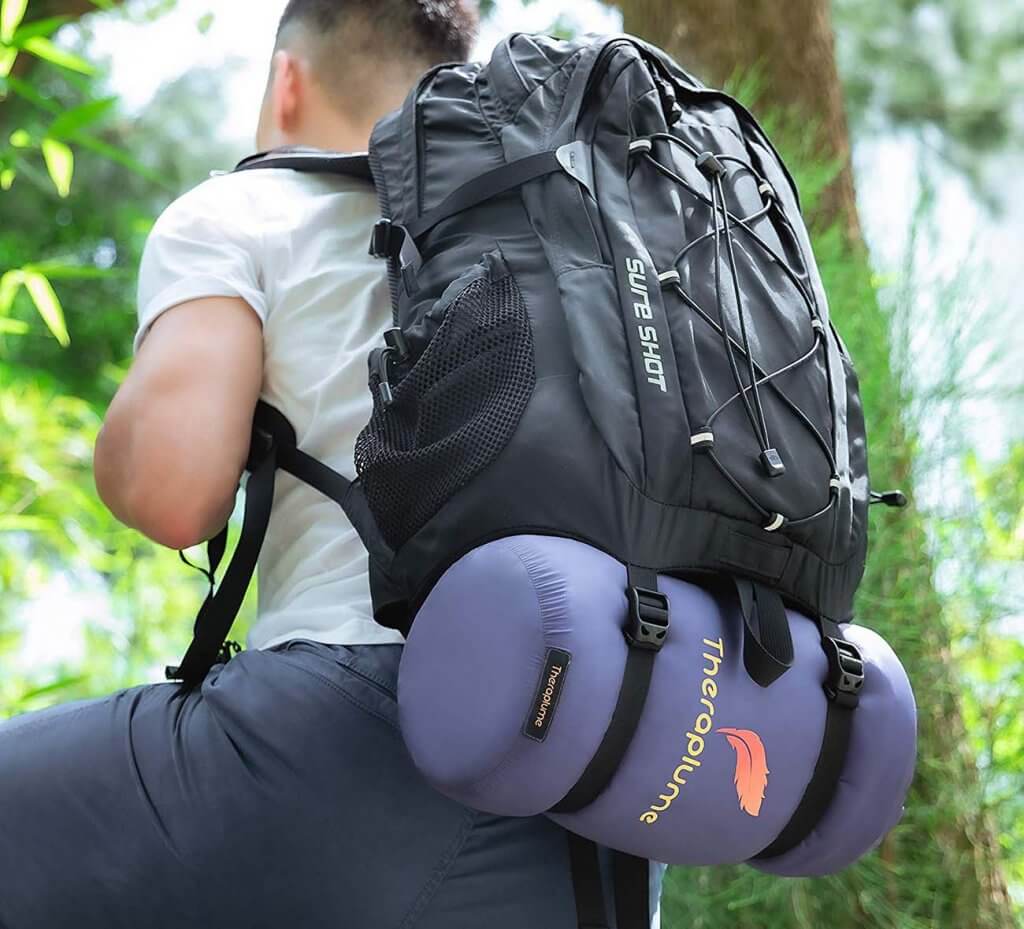 Theraplume Camping Blanket on backpack