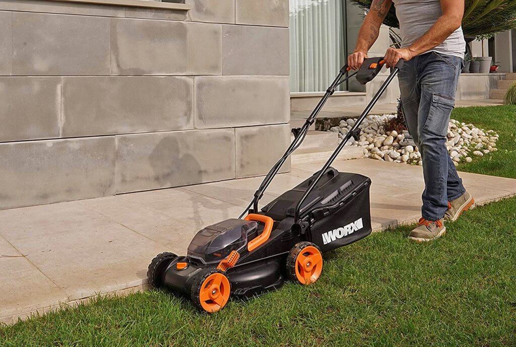 Worx 14-Inch 40-Volt Cordless Lawn Mower in action