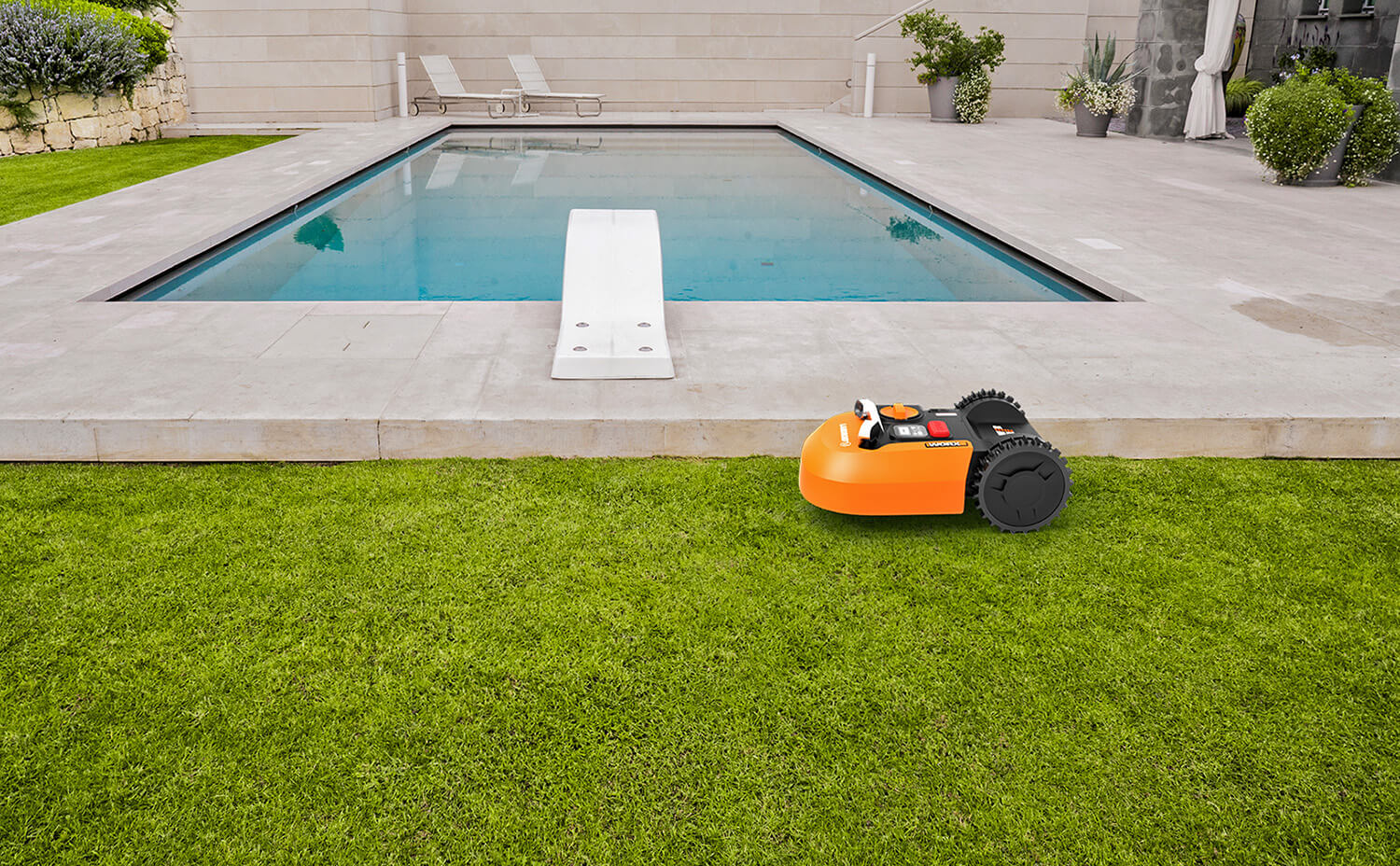 WORX Landroid WR150 in the lawn next to a pool